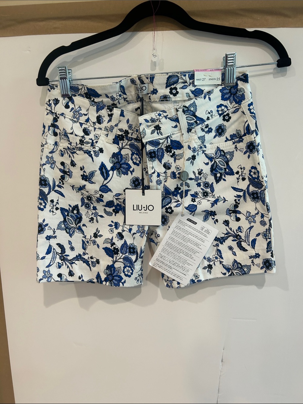 Liu Jo White Denim Shorts with Blue Floral Design